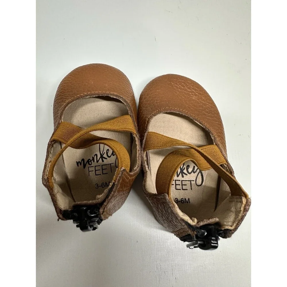 Monkey Feet Zip Up Stretch Strap Ballet‎ Flats Baby Girl Size 3-6m Brown Leather